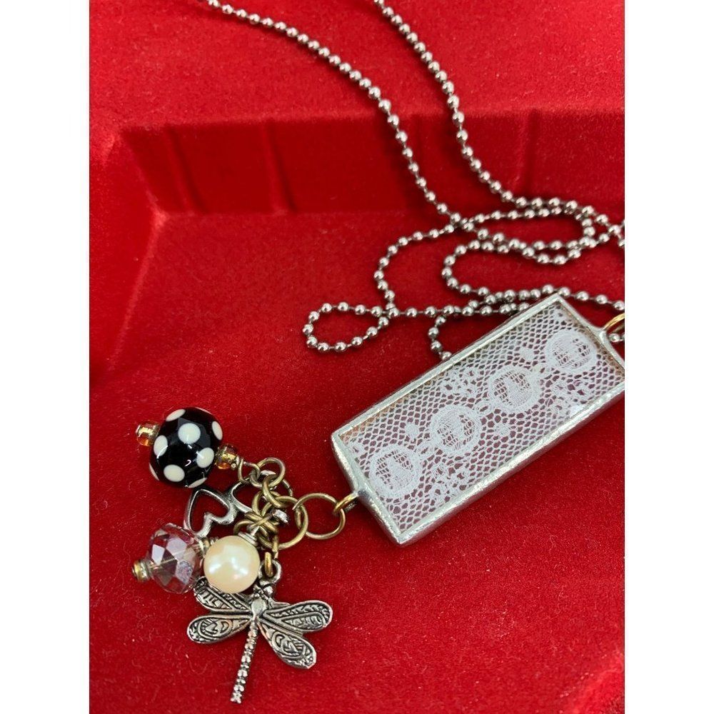 Vintage Dog Tag Charm Necklace 30" 1638 Handmade Pendant Firefly Lace Pearl